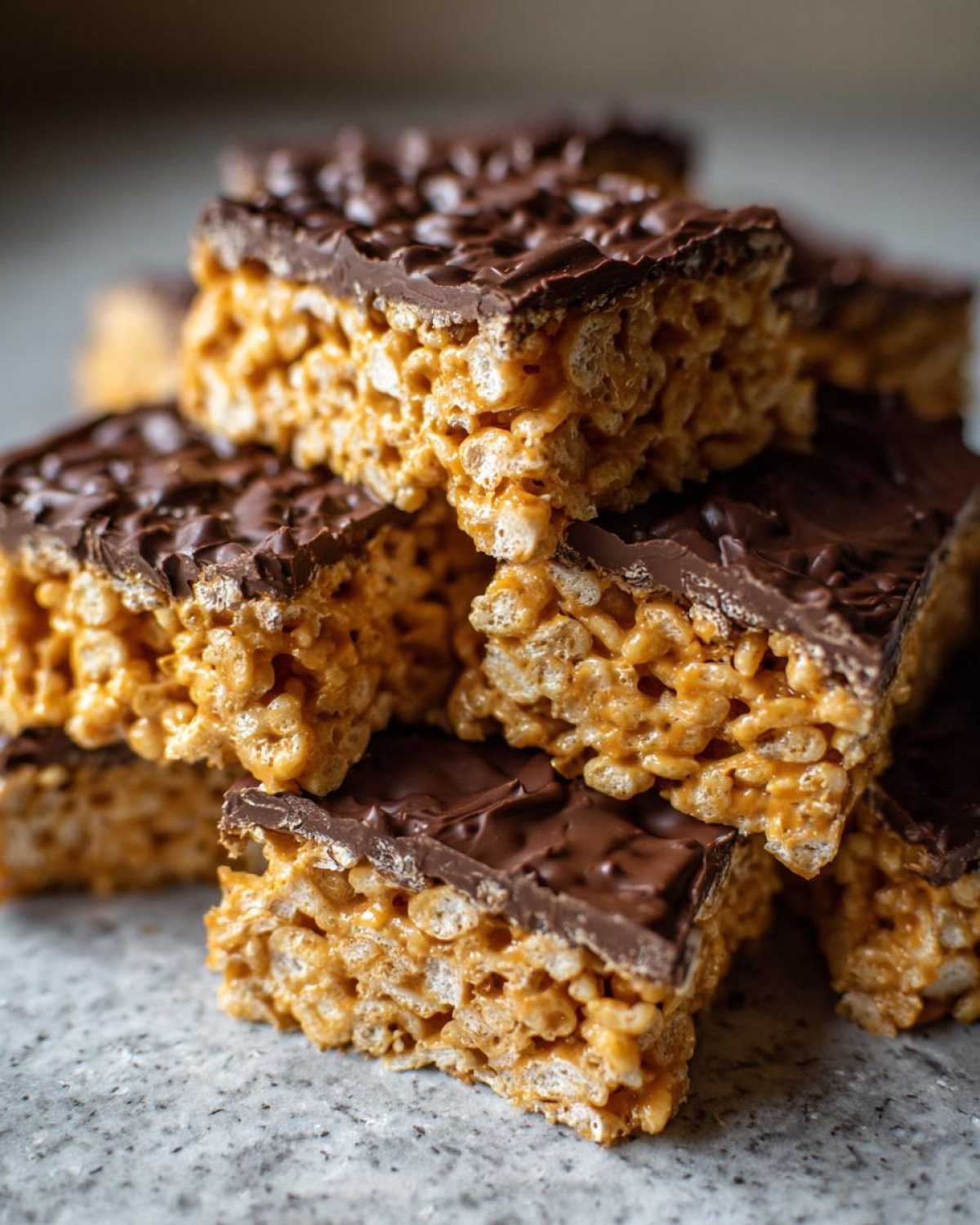 A stack of rich peanut butter rice krispie treats bars topped with a layer of melted dark chocolate.
