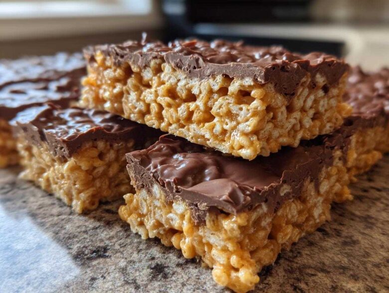 Close-up of stacked peanut butter rice krispie treats topped with a thick layer of melted chocolate.