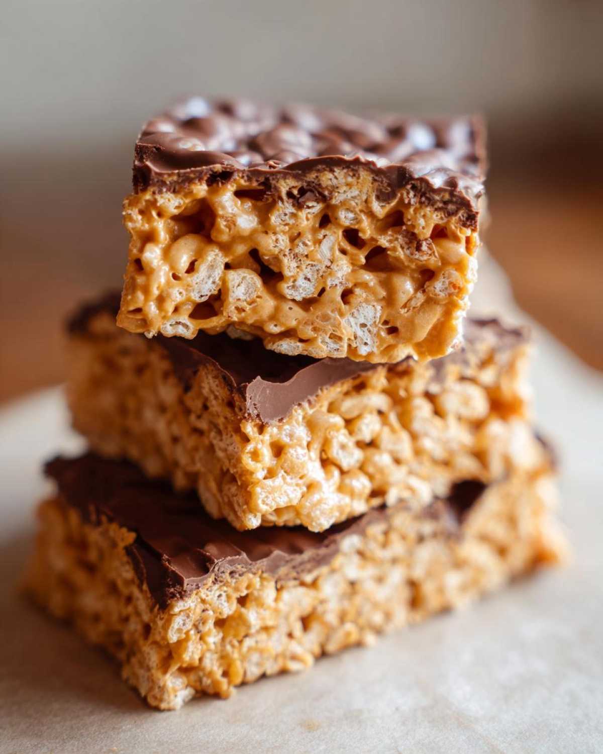 A close-up stack of three peanut butter rice krispie treats, showing the chewy texture and chocolate topping.