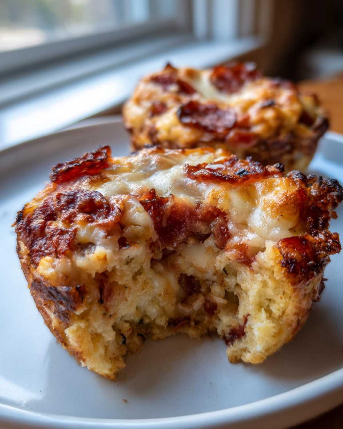 Close-up of a pepperoni pizza muffin on a white plate, showing a bite taken out to reveal the cheesy interior.