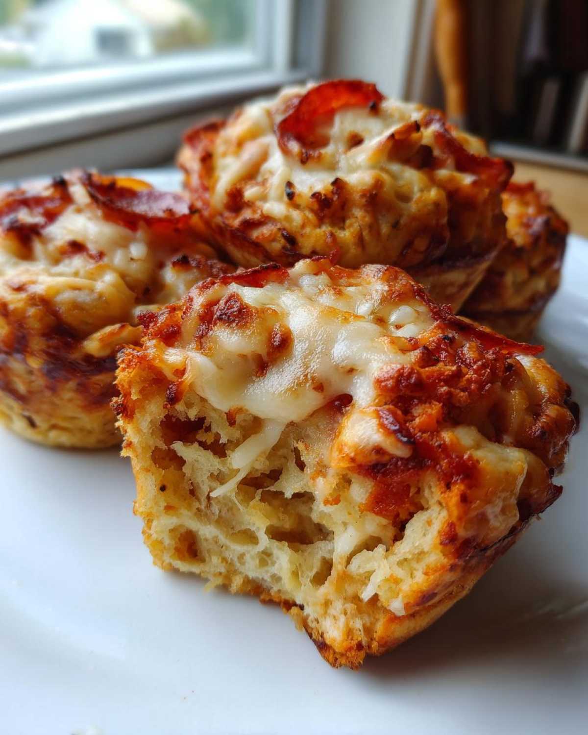 Close-up of several baked pepperoni pizza muffins on a white plate, showing melted cheese and a bite taken out of one.