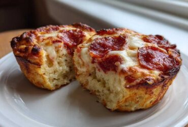 Two halves of a baked pepperoni pizza muffin showing the fluffy interior and cheesy, browned top.