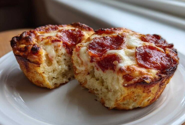 Two halves of a baked pepperoni pizza muffin showing the fluffy interior and cheesy, browned top.