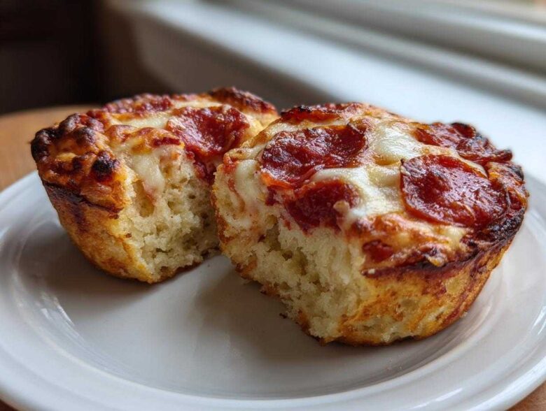 Two halves of a baked pepperoni pizza muffin showing the fluffy interior and cheesy, browned top.
