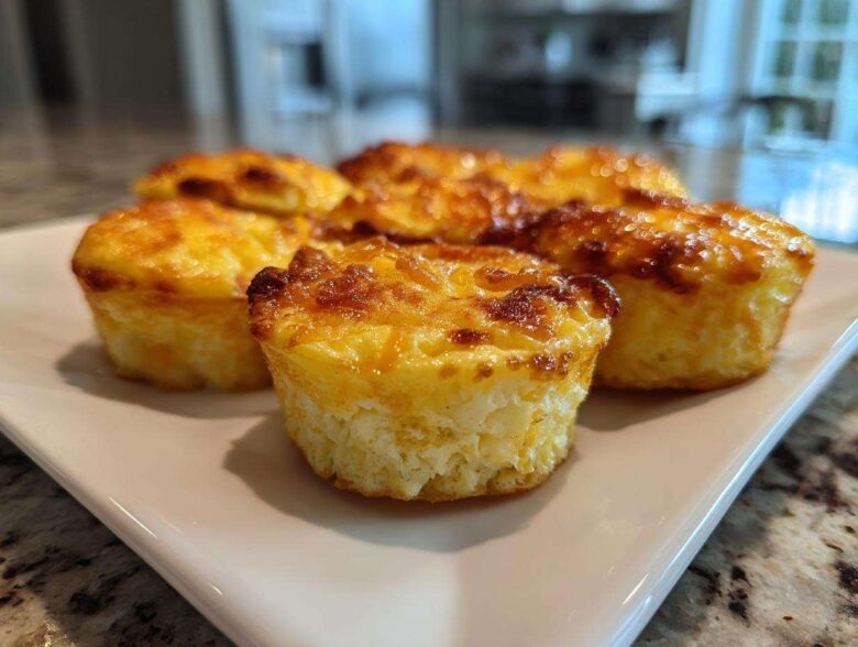 A close-up of several golden brown, fluffy egg bites arranged on a rectangular white serving plate.