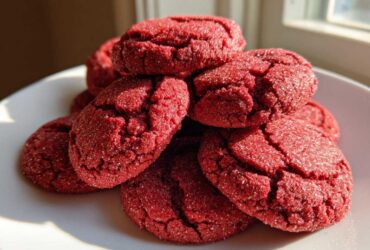 A stack of vibrant, crinkly red velvet cake mix cookies dusted with sugar on a white plate.