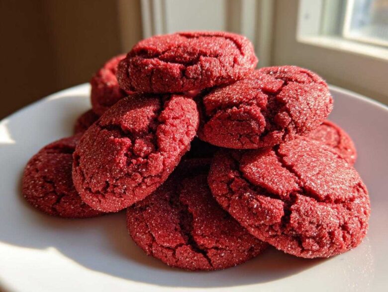 A stack of vibrant, crinkly red velvet cake mix cookies dusted with sugar on a white plate.
