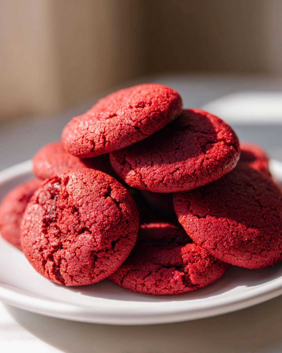 A close-up stack of vibrant red velvet cake mix cookies piled on a white plate.