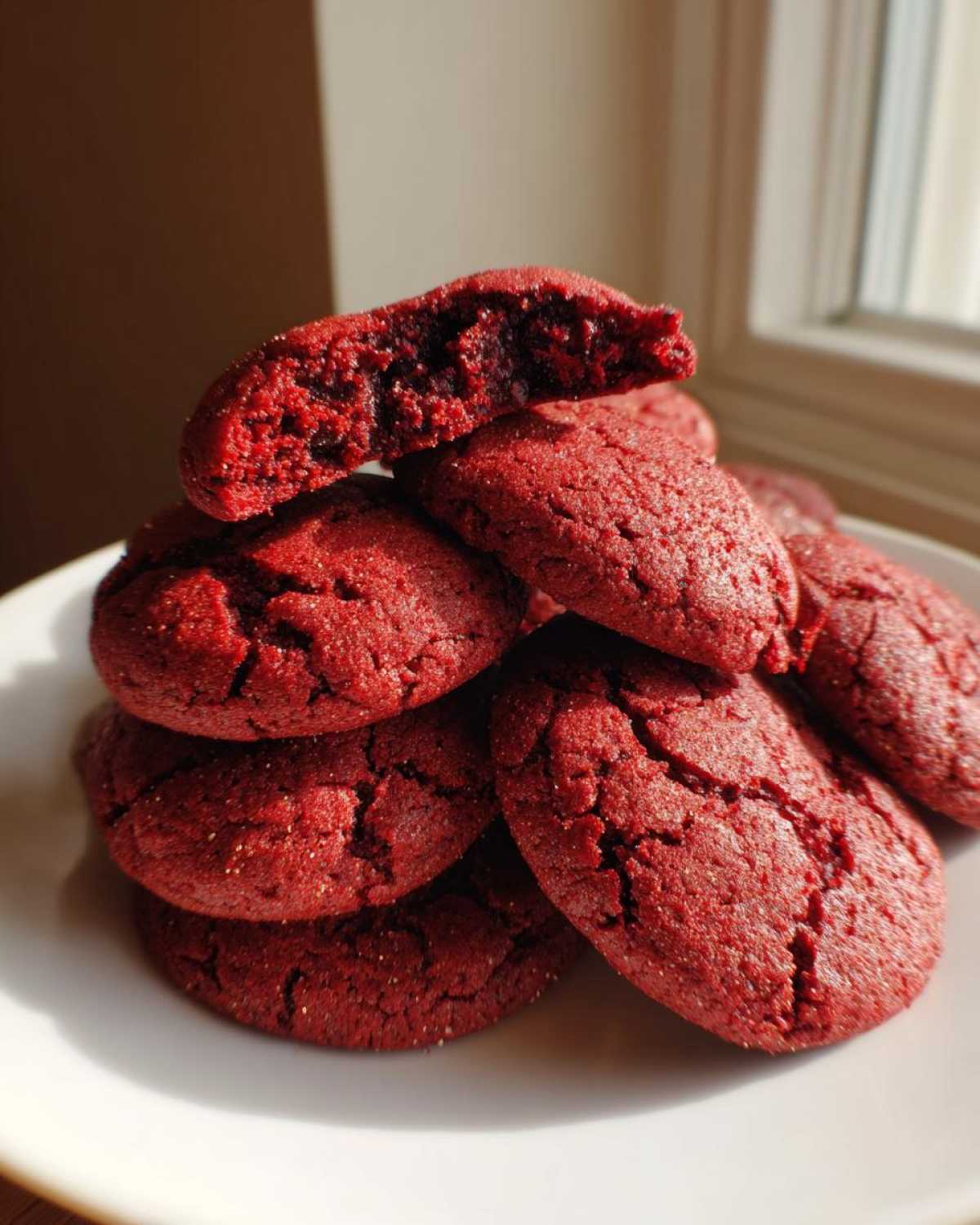 A stack of vibrant red velvet cake mix cookies on a white plate, with one cookie broken open showing the soft interior.