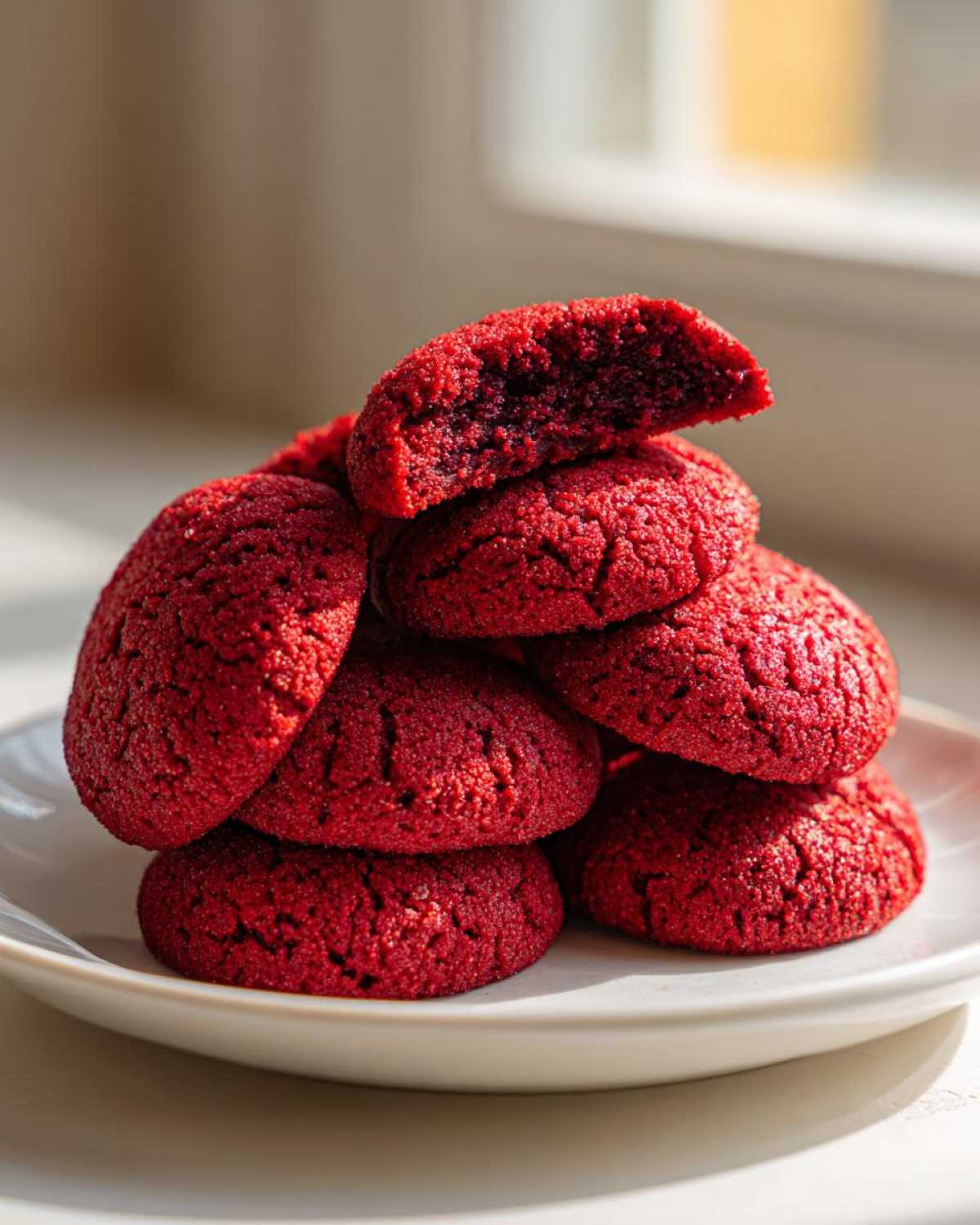 A stack of vibrant red velvet cake mix cookies on a white plate, one cookie broken open to show the soft interior.
