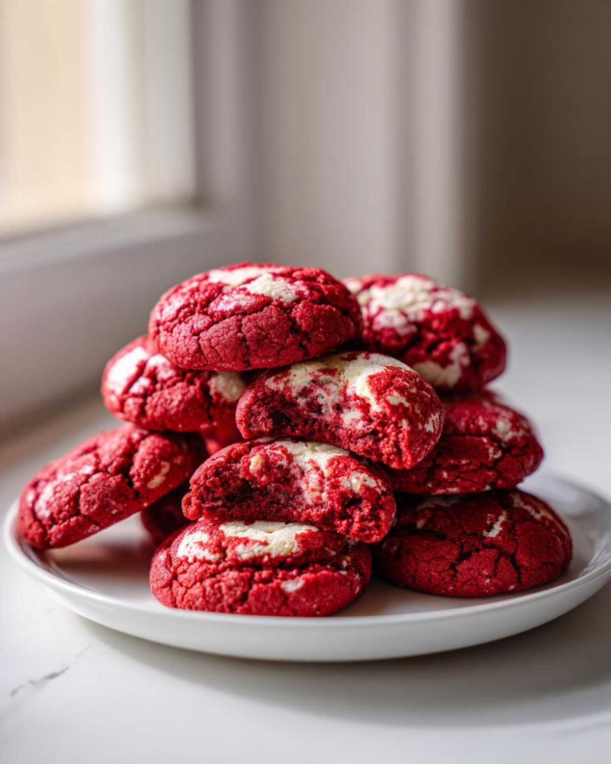 A stack of vibrant red velvet cake mix cookies with white cream cheese swirls on a white plate.