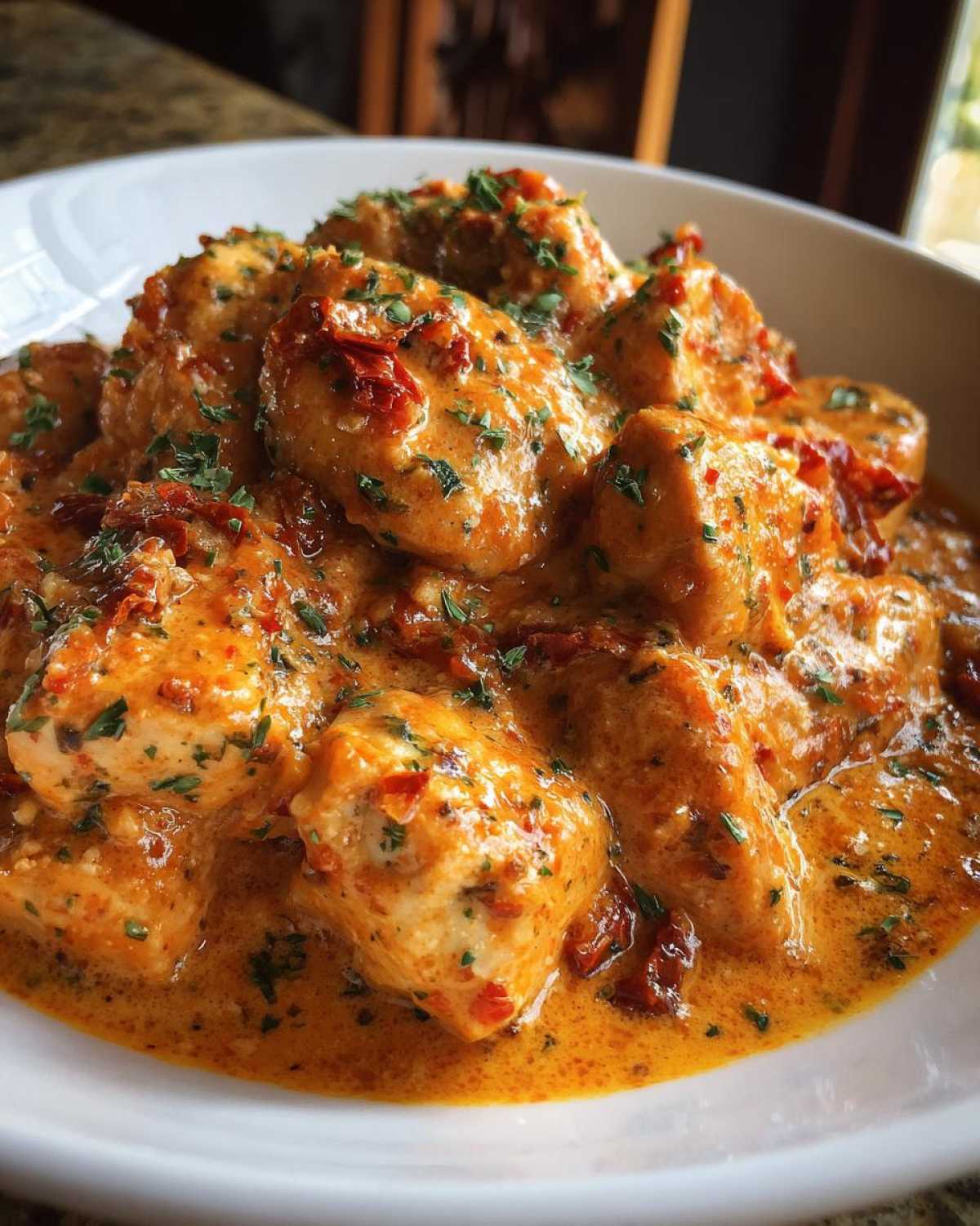 Close-up of tender chicken pieces coated in a rich, creamy, sun-dried tomato sauce for crockpot marry me chicken.