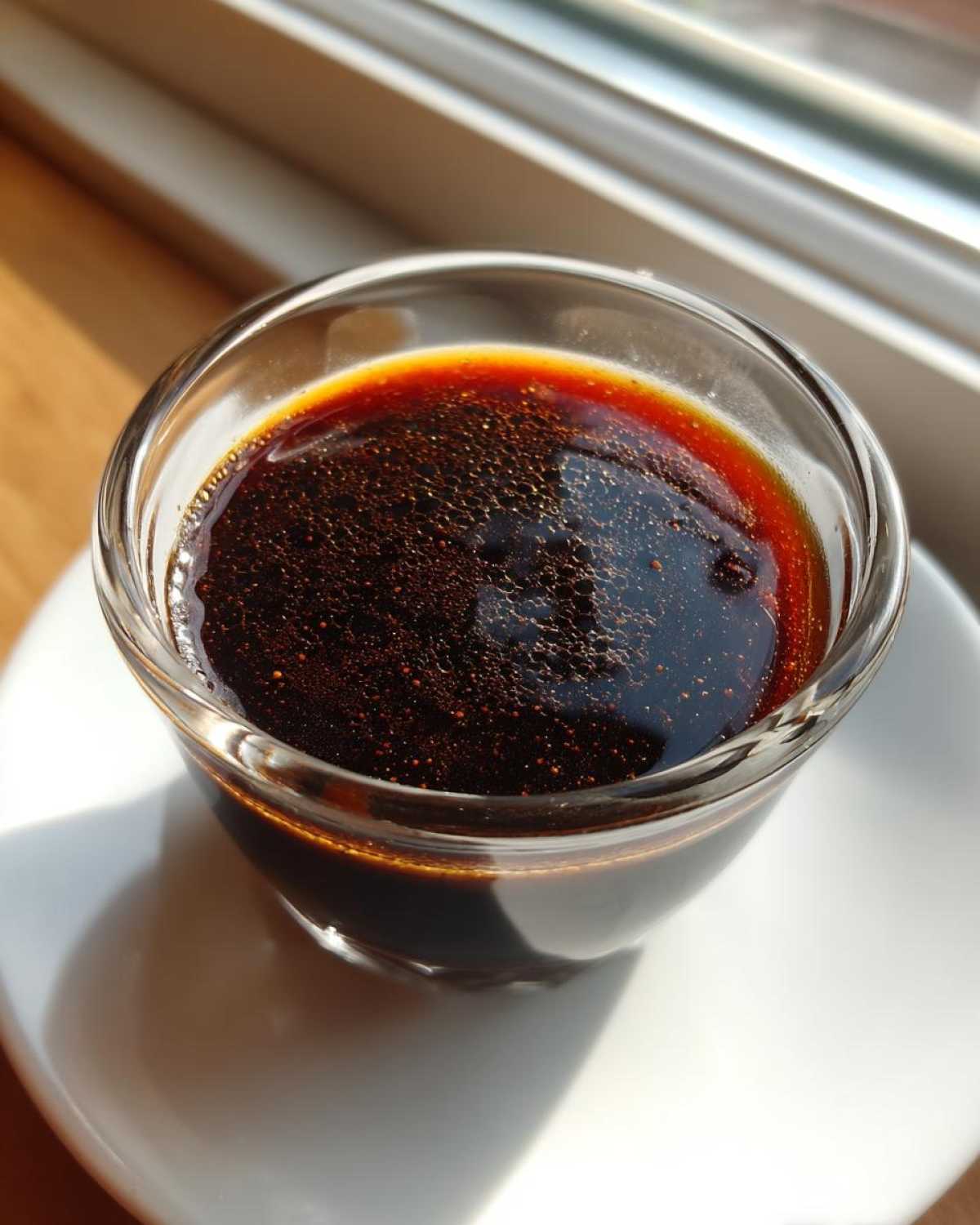 Close-up of rich, dark homemade teriyaki sauce with small bubbles on the surface, resting in a clear glass dish.