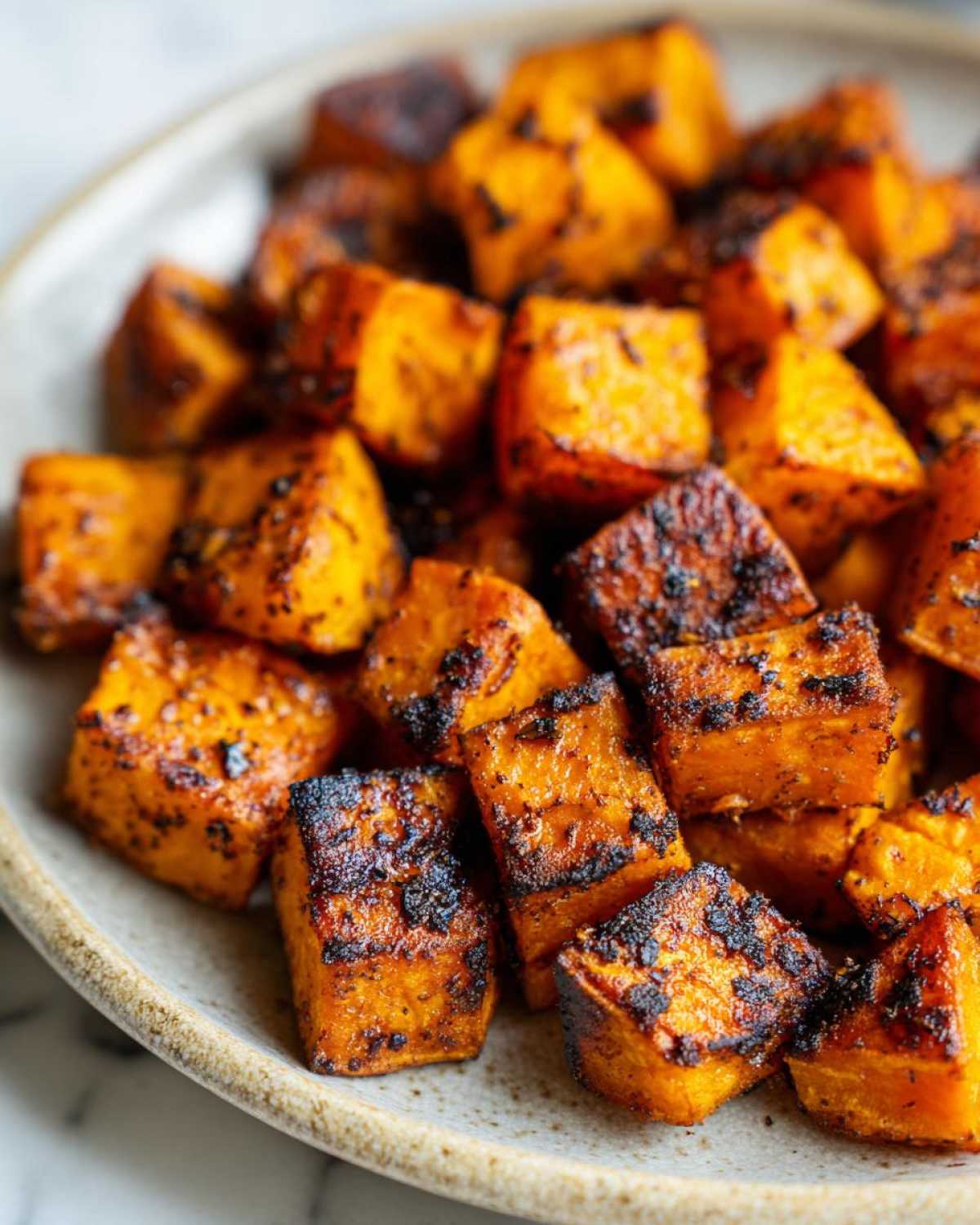 Close-up of beautifully caramelized and slightly charred roasted sweet potato cubes piled on a ceramic plate.