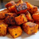 Close-up of perfectly seasoned and caramelized roasted sweet potato cubes piled on a white plate.