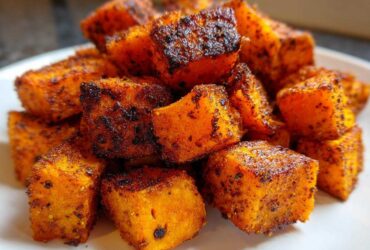 Close-up of perfectly seasoned and caramelized roasted sweet potato cubes piled on a white plate.