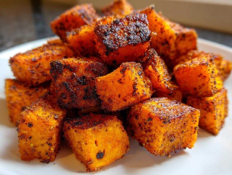 Close-up of perfectly seasoned and caramelized roasted sweet potato cubes piled on a white plate.