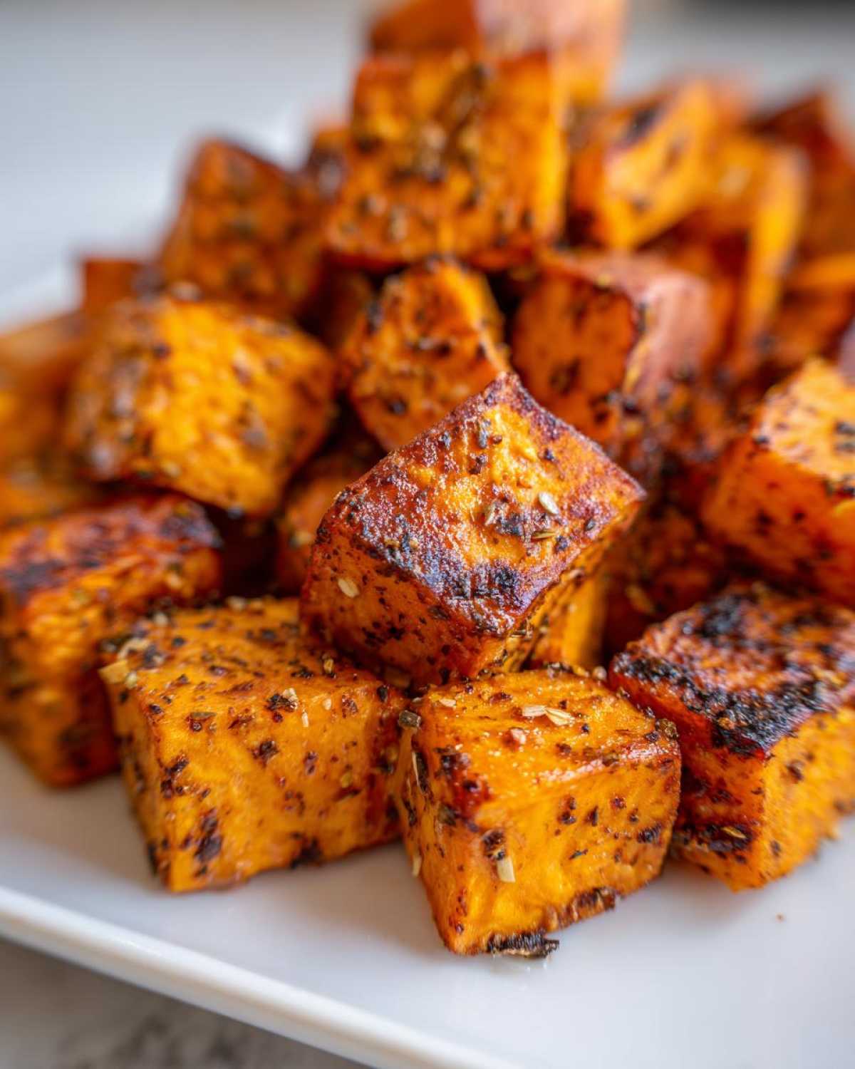 Close-up of beautifully caramelized and seasoned roasted sweet potato cubes piled on a white plate.