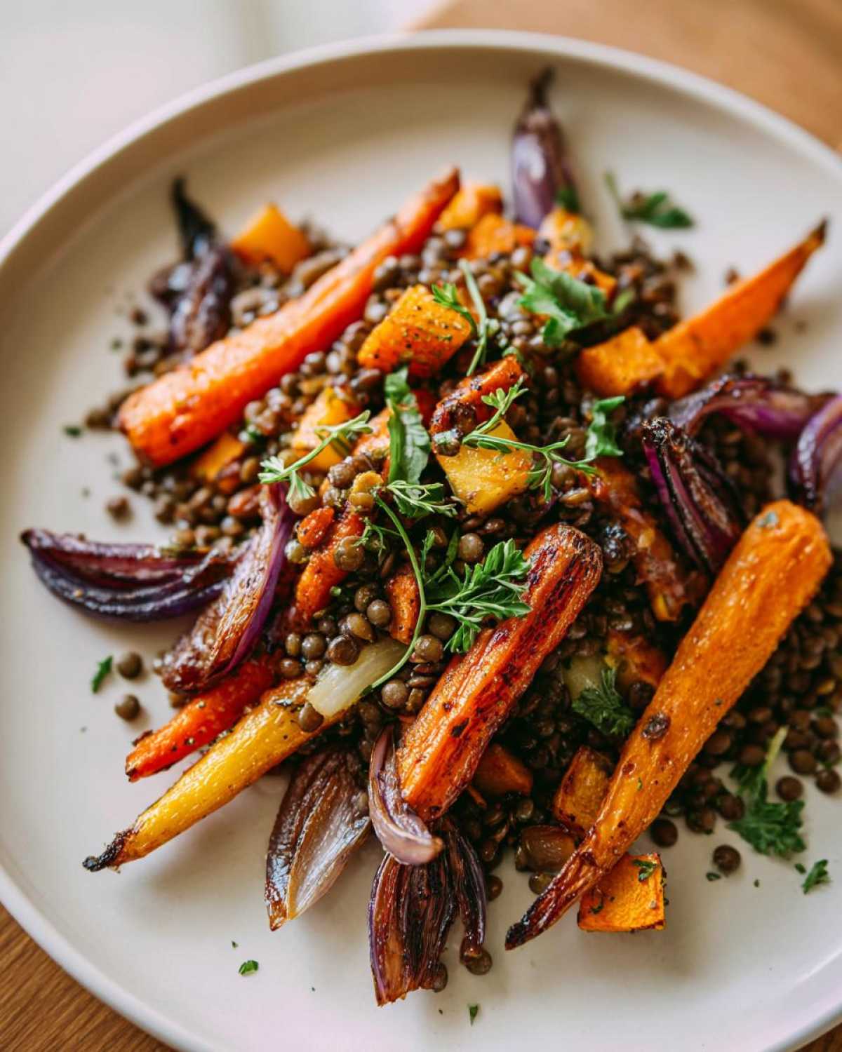A close-up of a hearty veggie lentil salad featuring roasted carrots, red onions, and butternut squash mixed with dark lentils.
