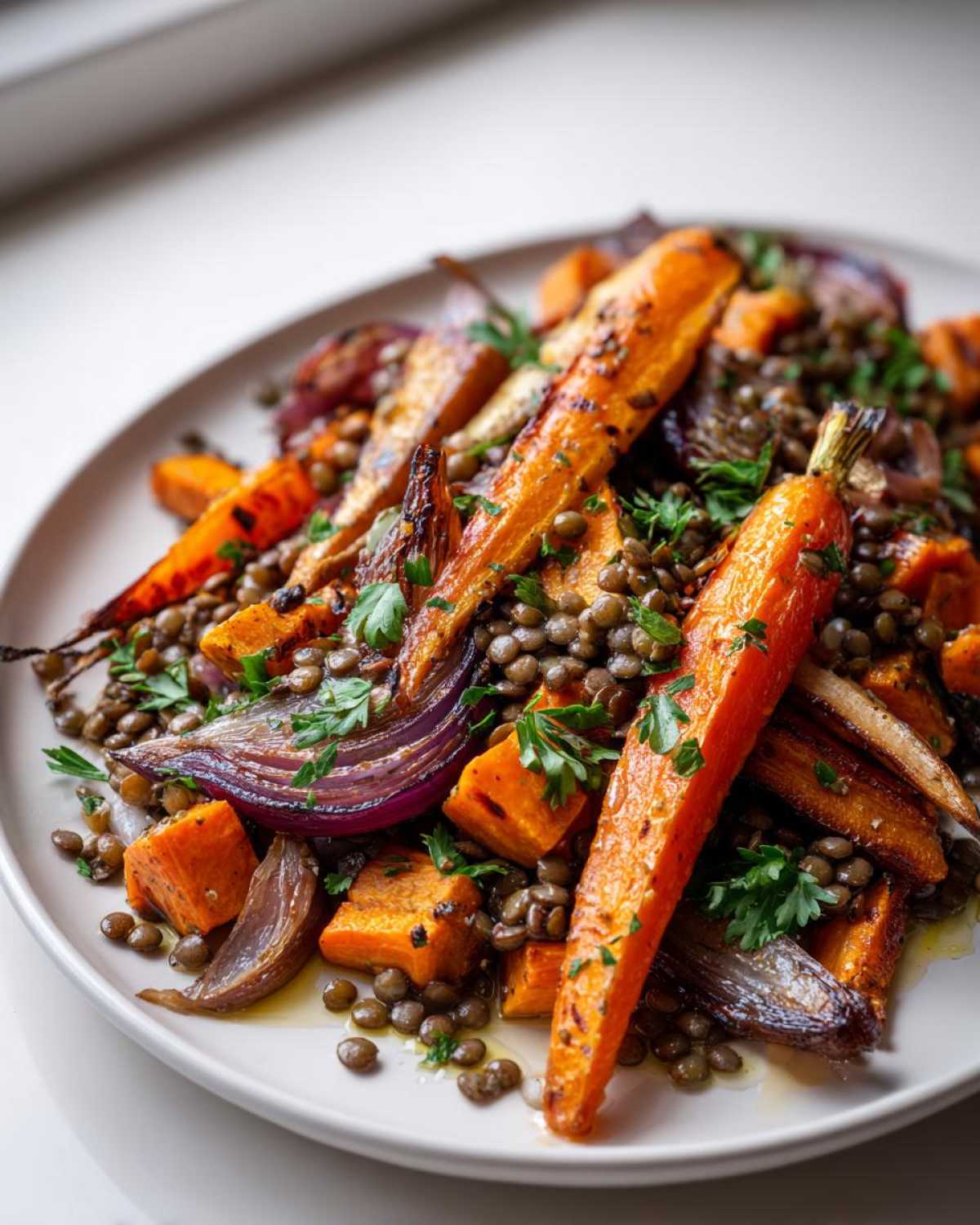 Close-up of a plate featuring roasted carrots, red onion, and sweet potato mixed with brown lentils for a veggie lentil salad.