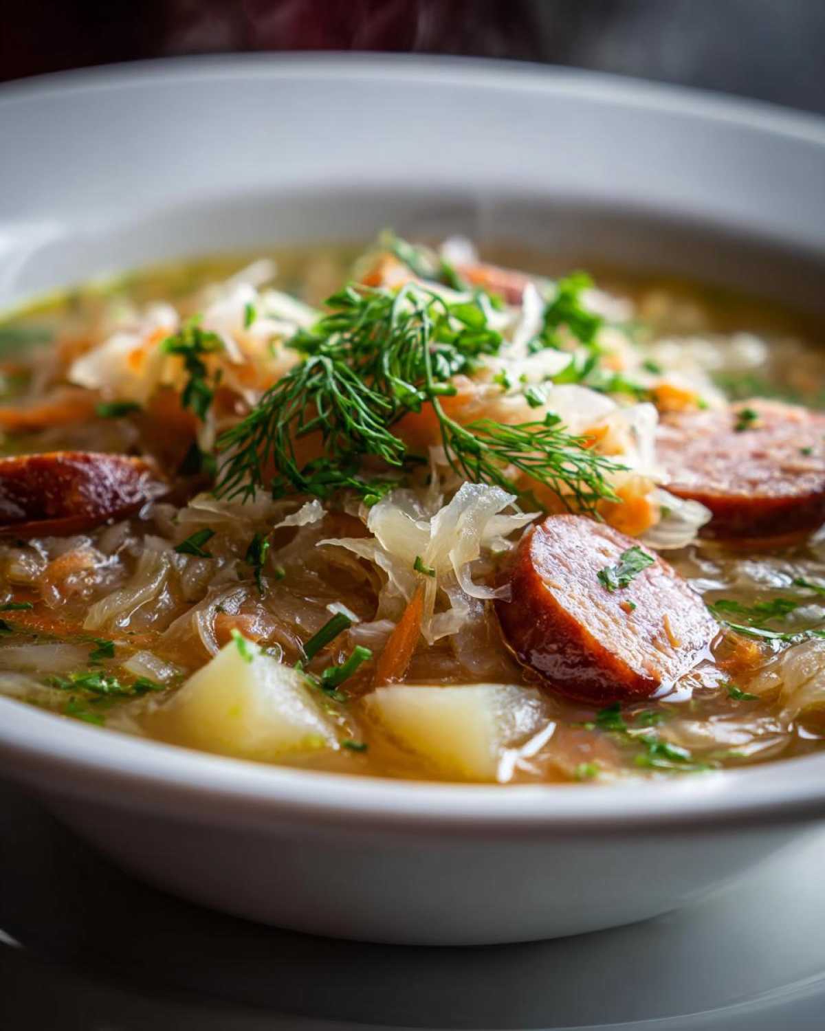 Close-up of a steaming bowl of sauerkraut soup featuring slices of smoked sausage, potatoes, and fresh dill garnish.
