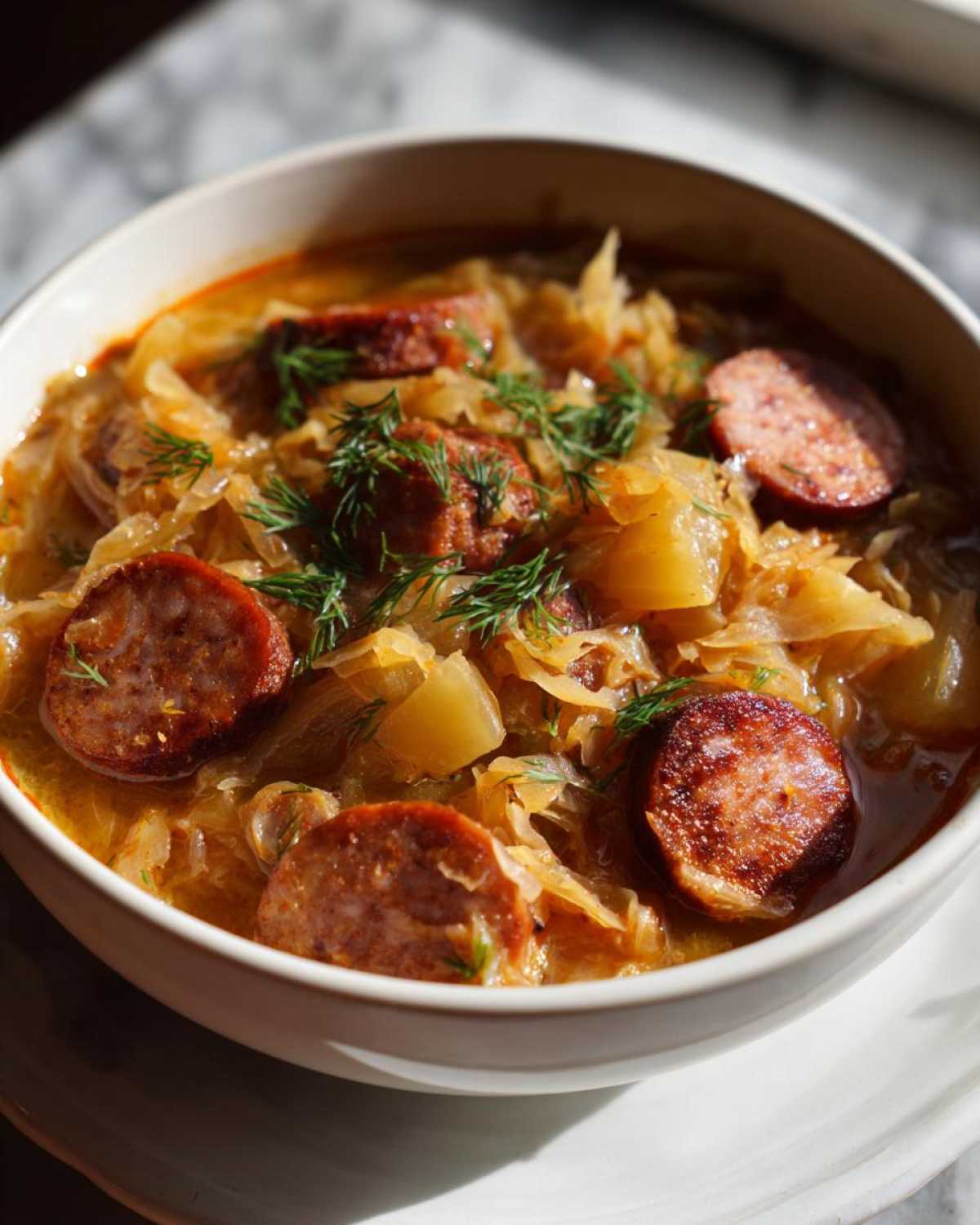 Close-up of a bowl of steaming sauerkraut soup loaded with sliced smoked sausage and fresh dill.