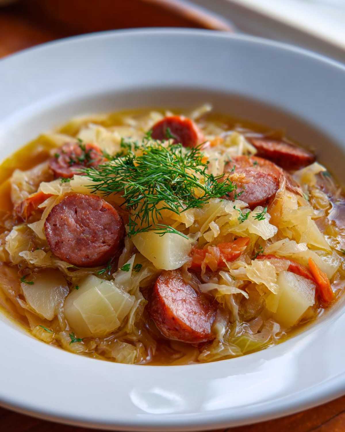 Close-up of a bowl of warm sauerkraut soup featuring sliced smoked sausage, potatoes, and fresh dill garnish.
