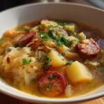 Close-up of a white bowl filled with steaming sauerkraut soup, featuring chunks of potato, sliced sausage, and fresh dill.