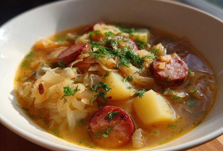 Close-up of a white bowl filled with steaming sauerkraut soup, featuring chunks of potato, sliced sausage, and fresh dill.