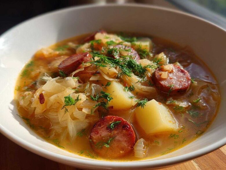 Close-up of a white bowl filled with steaming sauerkraut soup, featuring chunks of potato, sliced sausage, and fresh dill.