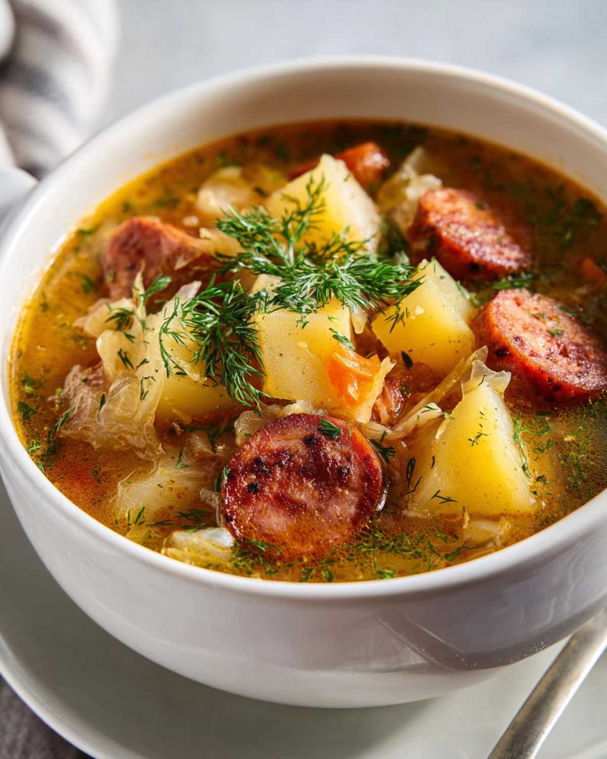 Close-up of a bowl of hot sauerkraut soup filled with potatoes, smoked sausage slices, and fresh dill.