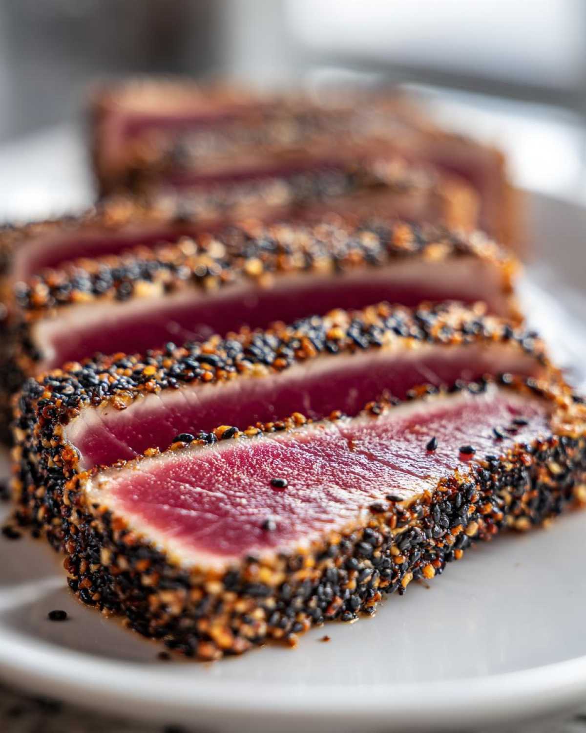 Close-up of perfectly seared ahi tuna slices, crusted with black and white sesame seeds, showing a rare, bright red center.