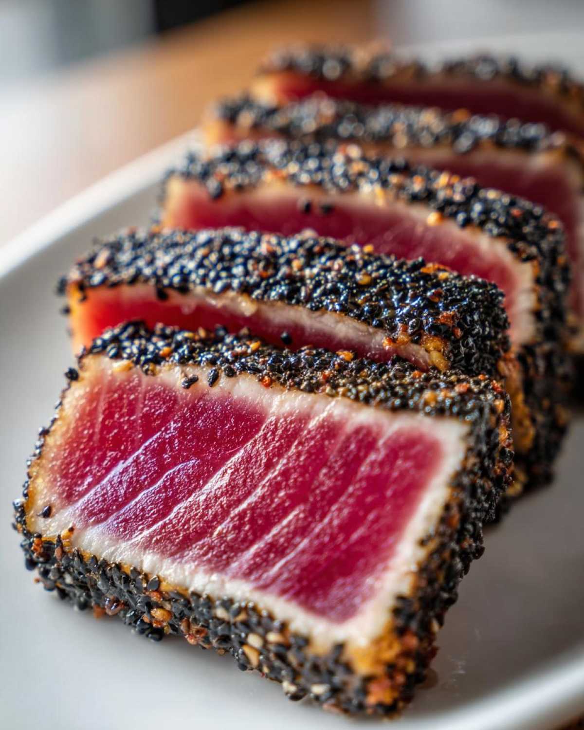 Close-up of perfectly cooked Seared Ahi Tuna, sliced to show the rare red center and black sesame seed crust.