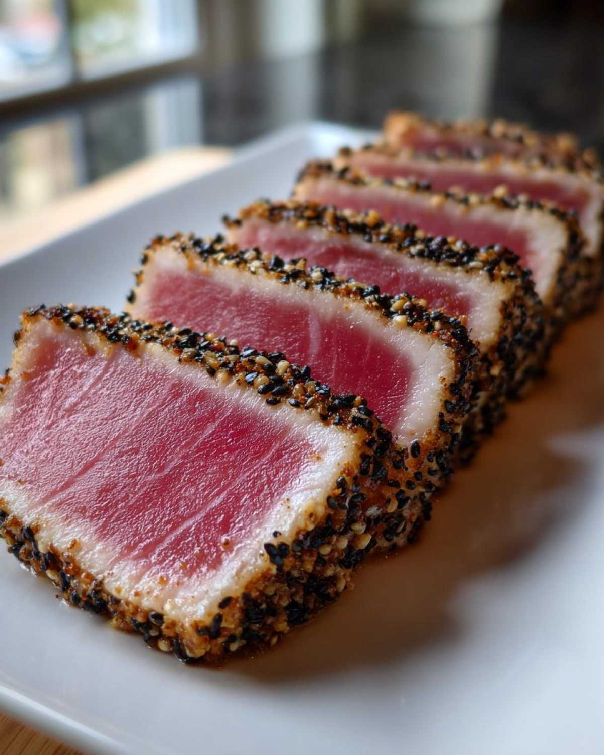 Close-up of perfectly seared ahi tuna, sliced to show the rare center and sesame seed crust.