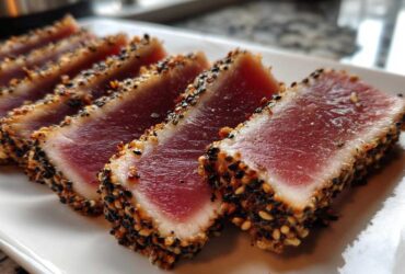Close-up of perfectly Seared Ahi Tuna slices, crusted with sesame seeds, showing a rare, deep red center.