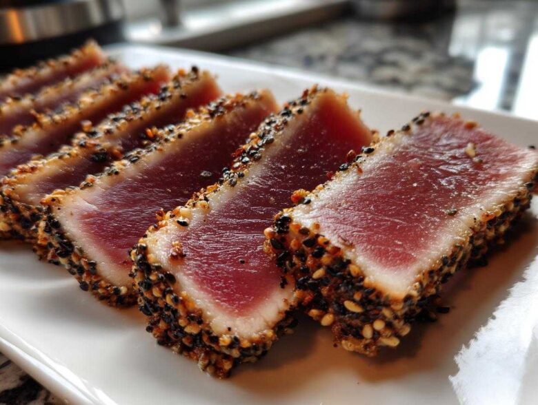 Close-up of perfectly Seared Ahi Tuna slices, crusted with sesame seeds, showing a rare, deep red center.