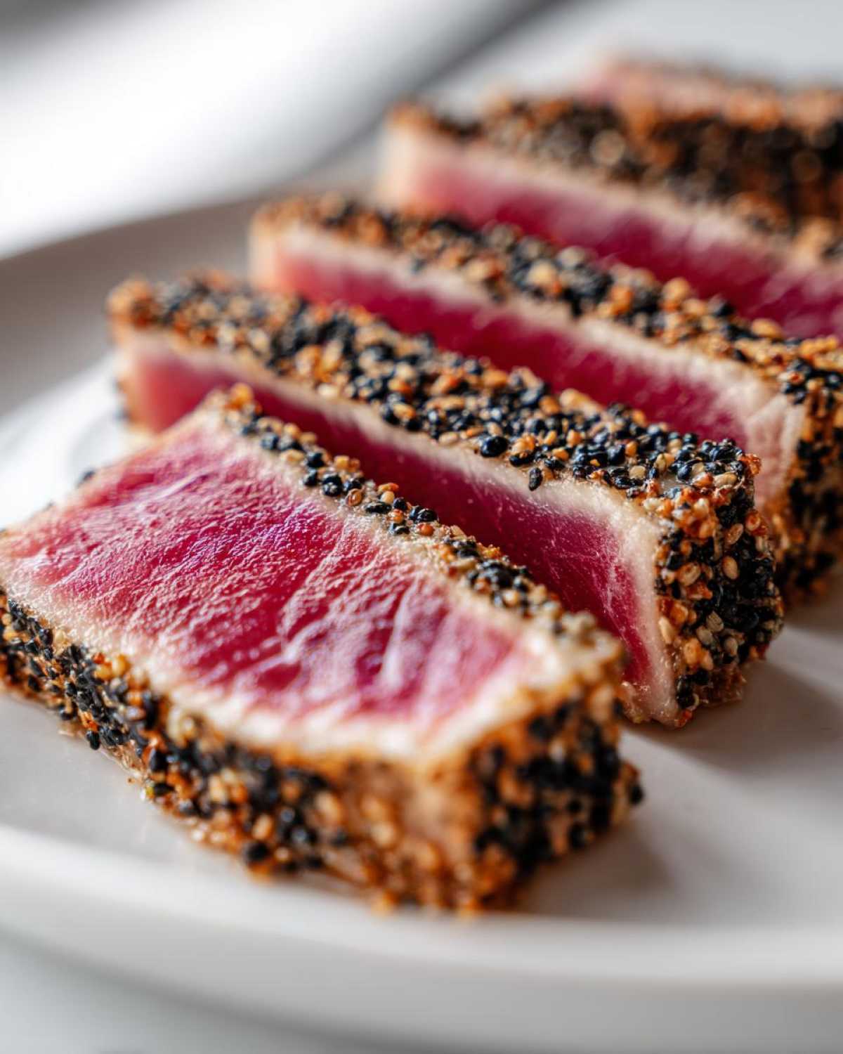 Close-up of four slices of perfectly seared ahi tuna, crusted with black and white sesame seeds, showing a rare, bright red center.