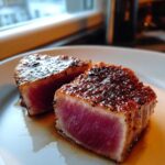 Two thick slices of seared tuna steak, perfectly rare inside, resting in sauce after using the MARINADE FOR TUNA STEAK.
