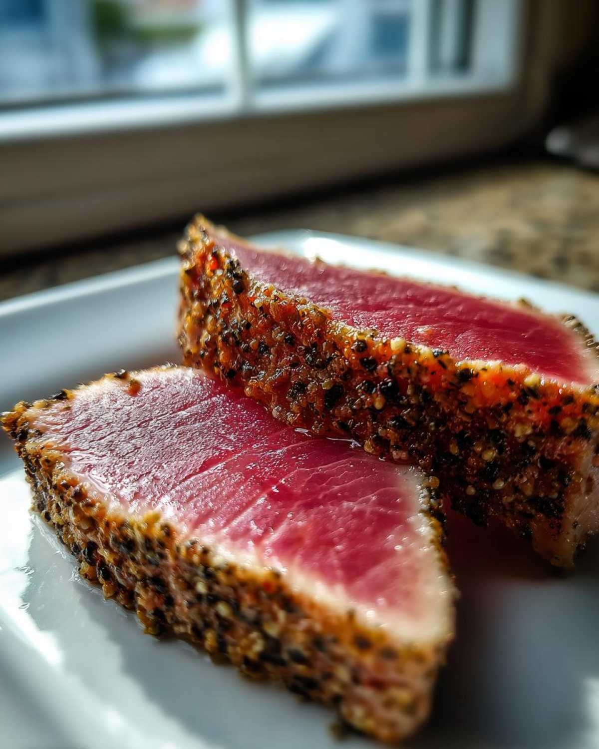 Two slices of seared tuna steak, rare in the center, coated in a thick pepper crust, ready to eat.