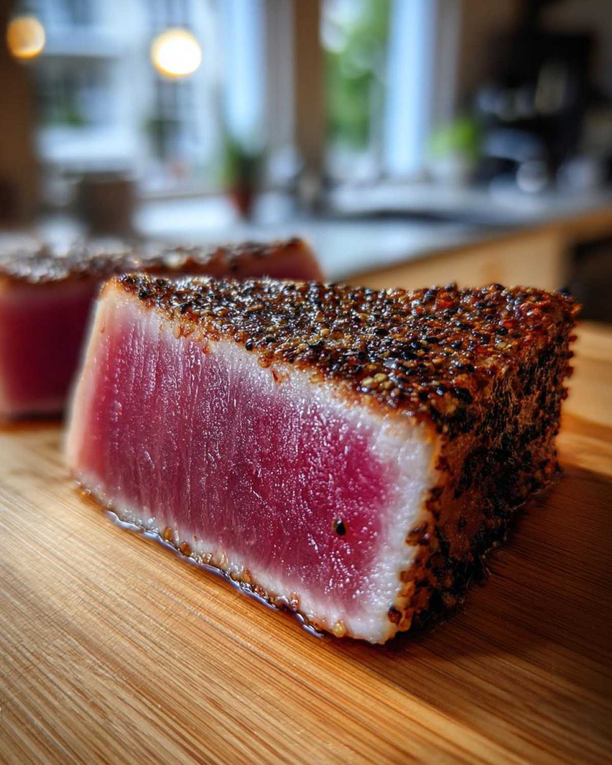 Close-up of a perfectly seared tuna steak, rare in the center, crusted with black pepper, ready after using the MARINADE FOR TUNA STEAK.