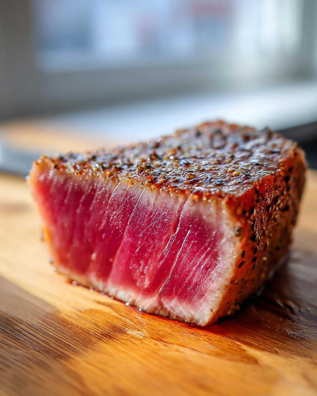 Close-up of a perfectly seared, rare tuna steak with a dark pepper crust, resting on a wooden cutting board.