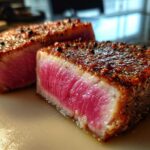 Two thick slices of seared tuna steak, perfectly rare inside, coated in a pepper crust from the MARINADE FOR TUNA STEAK.