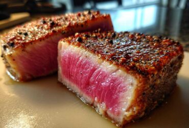 Two thick slices of seared tuna steak, perfectly rare inside, coated in a pepper crust from the MARINADE FOR TUNA STEAK.