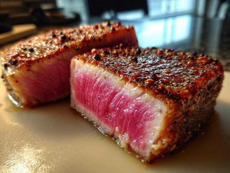 Two thick slices of seared tuna steak, perfectly rare inside, coated in a pepper crust from the MARINADE FOR TUNA STEAK.