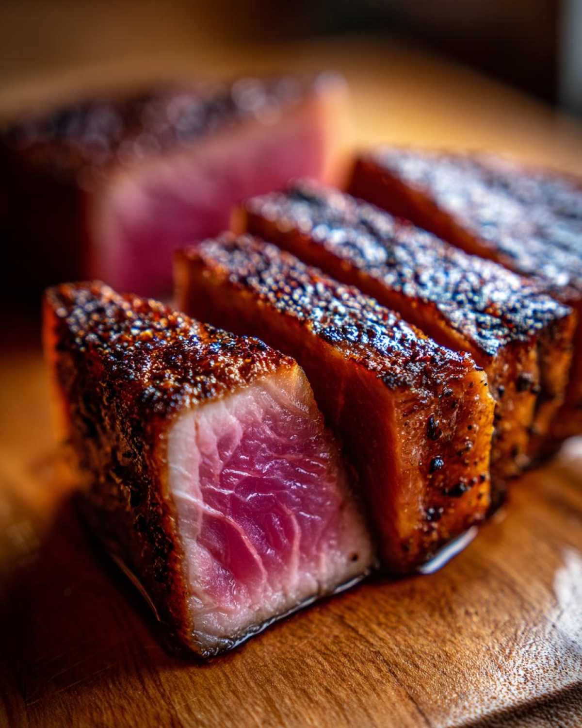Close-up of perfectly seared and sliced tuna steak, showing a rare, pink center, prepared using a MARINADE FOR TUNA STEAK.