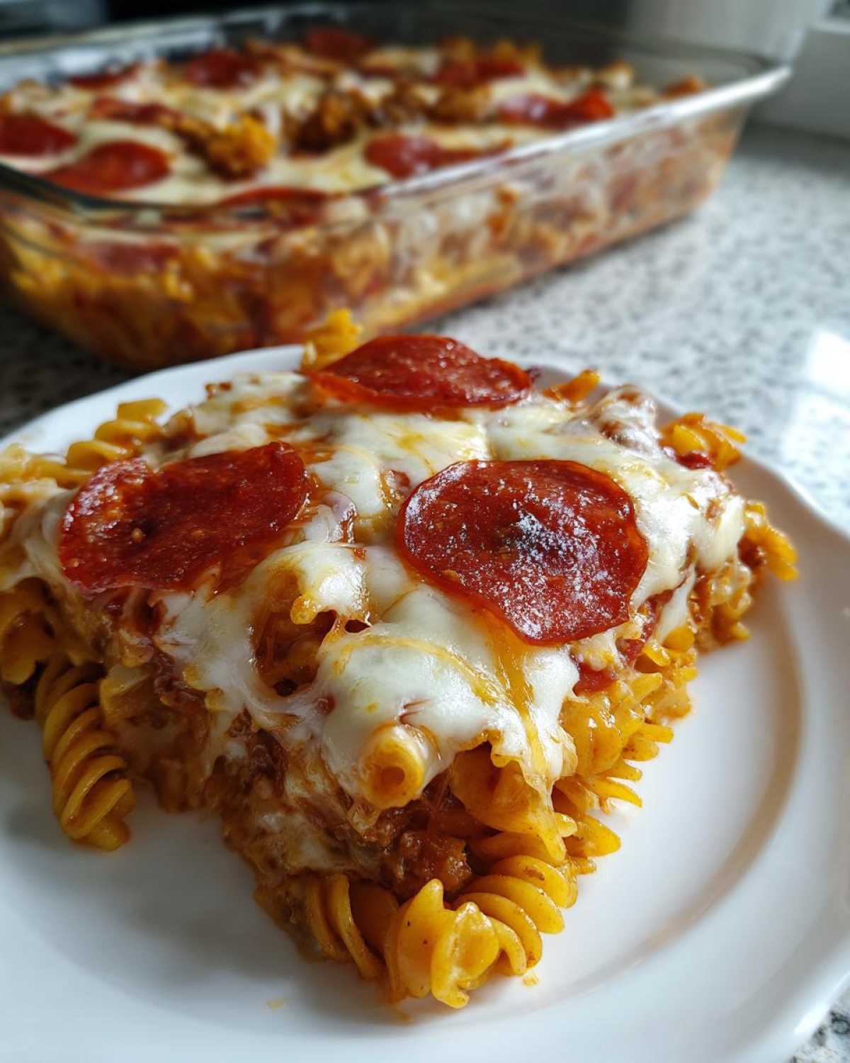 Close-up of a serving of cheesy pizza pasta made with rotini noodles, topped with melted mozzarella and pepperoni slices.