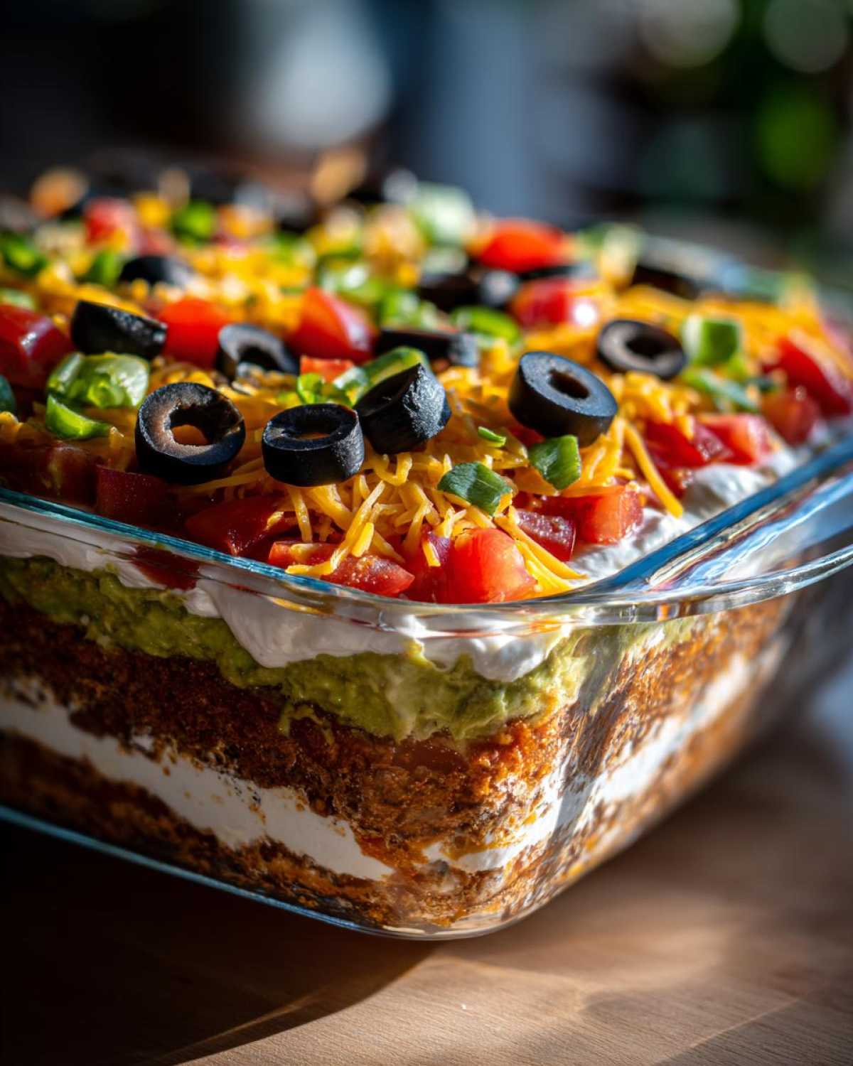 Close-up view showing the distinct layers of a rich Seven layer dip topped with cheese, olives, and tomatoes.
