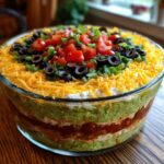 Close-up of a vibrant Seven layer dip in a clear glass bowl, topped with cheese, tomatoes, olives, and green onions.