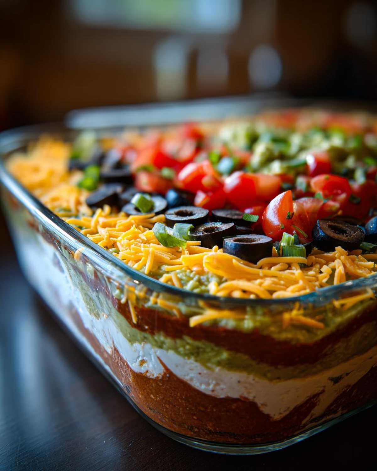 Close-up of a layered Seven layer dip in a clear glass dish, topped with cheese, olives, and tomatoes.