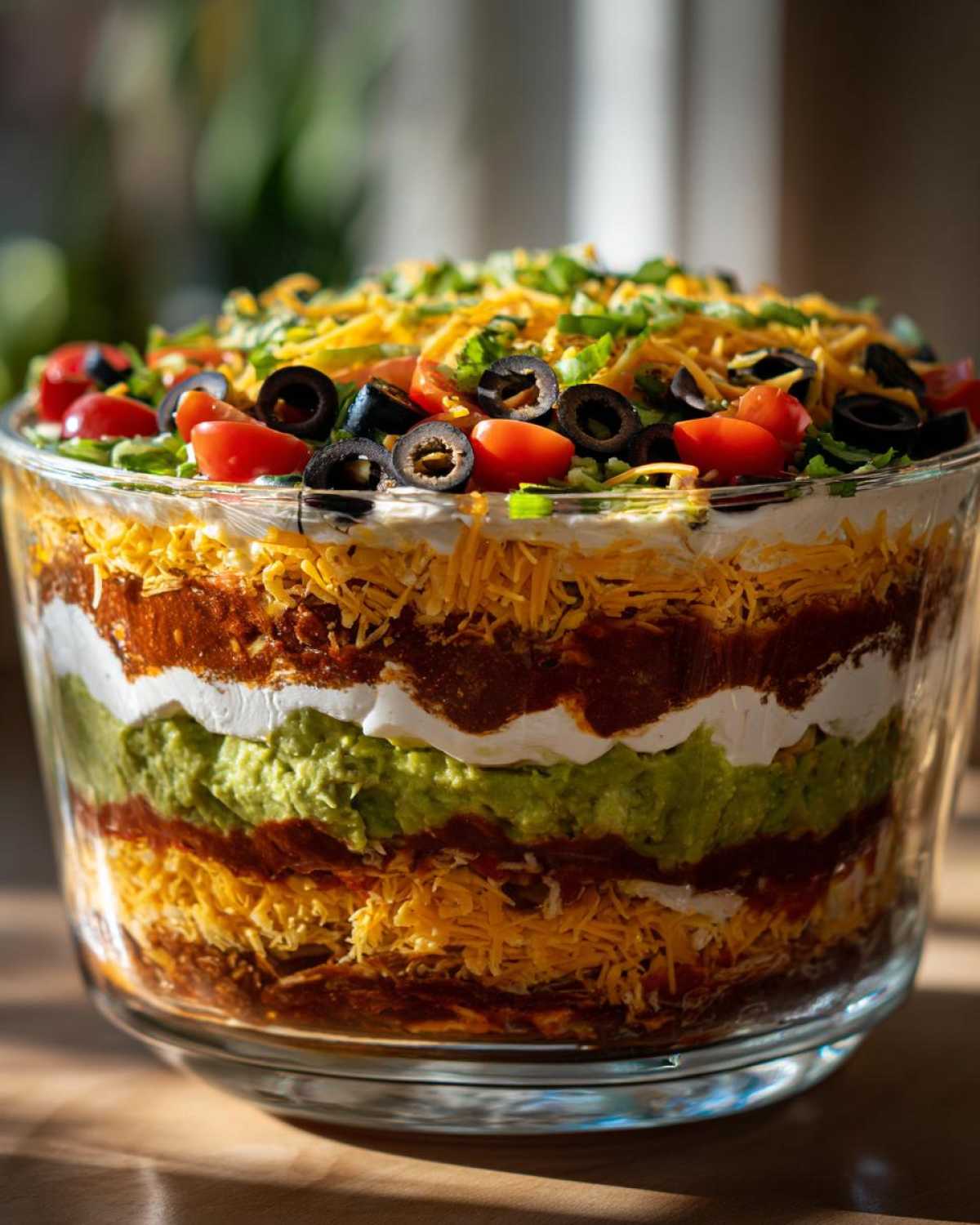 Close-up of a vibrant Seven layer dip layered in a clear glass bowl, topped with cheese, olives, and tomatoes.